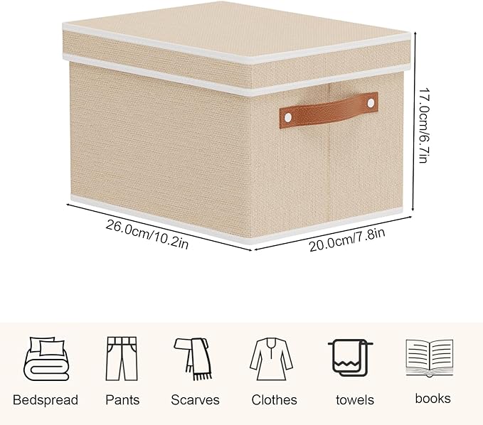 Foldable Storage Bin, 10.2×7.8×6.7 Inch Storage Box with Lid, Closet Organizer for Organizing with Handles, Beige, 1-Pack