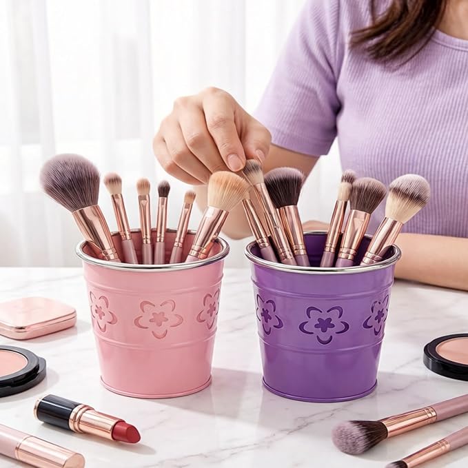Noamus 9 Pack Metal Pen Holder, Desktop Pencil Bucket with Hollow Flower Cutouts, Colorful Makeup Brush Storage Cup, Versatile Cutlery Pots for Office Classroom School Crafts(9 Color)