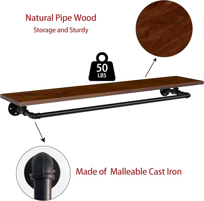 Clothes Rack 48in, Wall Mounted Garment Rack with Solid Walnut Wood Shelf, Heavy Duty Hanging Clothes Rack, Multi-Purpose Hanging Rod, Space-Saving Closet Storage