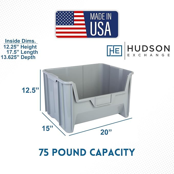 Hudson Exchange 20" x 15" x 12.5" (3 Pack) Plastic Giant Stackable Hopper Bin Container, Gray