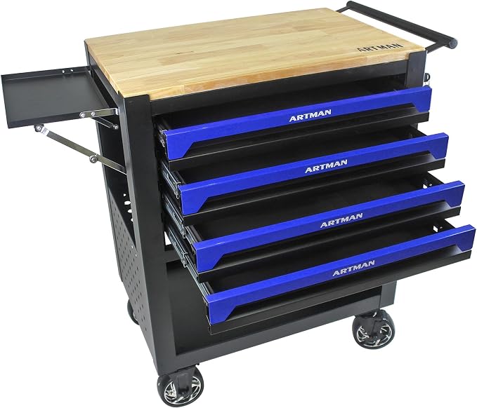 36" Tool Box with Wheels 4 Drawers Rolling Tool Cart, Wooden Top Workbench, 660lbs Total load Tool Cabinet with Locked Drawers Storage Organizer Cabinet for Garage, Warehouse, Repair Shop - Blue