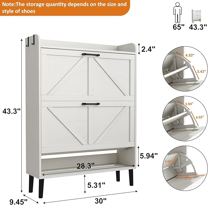 HOMEFORT Shoe Storage Cabinet for Entryway, Slim Shoe Organizer with Two Flip Drawers, Narrow Shoe Holder with Wood Legs, Farmhouse Hidden Shoe Cabinet for Front Door Entrance,Antique White