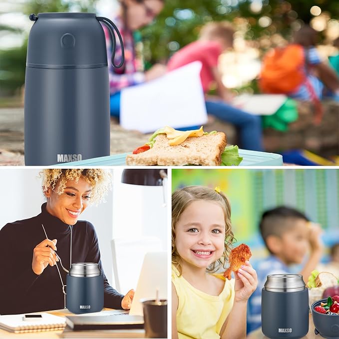 MAXSO 2 Pack Soup Thermo for Hot & Cold Food for Kids Adults, Vacuum Insulated Food Jar Thermal Lunch Containers, Travel Food Flask with Spoon (24 oz,17 oz) (Dusty Blue)