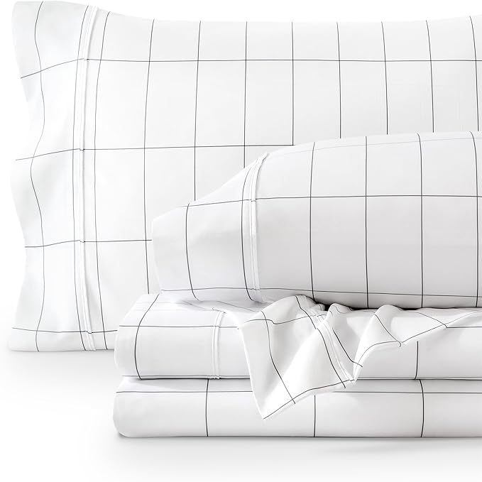 Bare Home California King Sheet Set - Luxury 1800 Ultra- Soft Double Brushed Microfiber - Deep Pockets - Easy Fit - 4 Piece Bedding Sheet Set (California King, Grid - White/Grey)