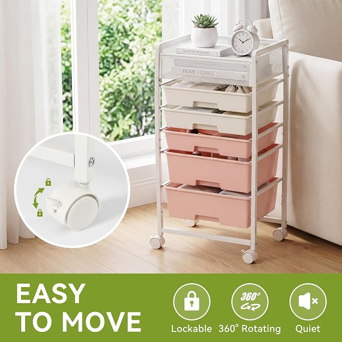 2 Pack Rolling Craft Cart with 5 Drawers, Craft Cart with Wheels, Art Cart Organizer and Storage, Rolling Utility Cart with Handles for Organizing Crafts, Yarn, Toys, School Supplies, etc