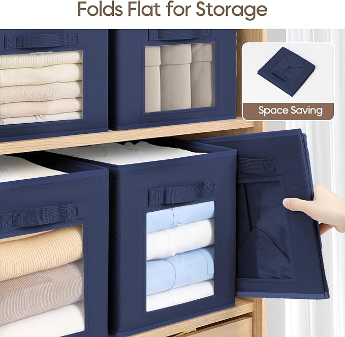 Homsorout Storage Cube 11 Inch - Cube Storage Bins with Window, Closet Storage Baskets with Handle, Fabric Bins for Closet, Shelves, Toys, Clothes, Set of 10, Navy Blue
