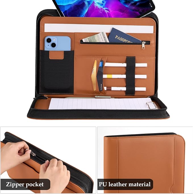 ProCase Portfolio Business Padfolio Folder with Zipper -Tan | Conference Meeting Executive File Legal Document Organizer with Pockets Letter Size A11 Writing Pad Notepad Padfolio