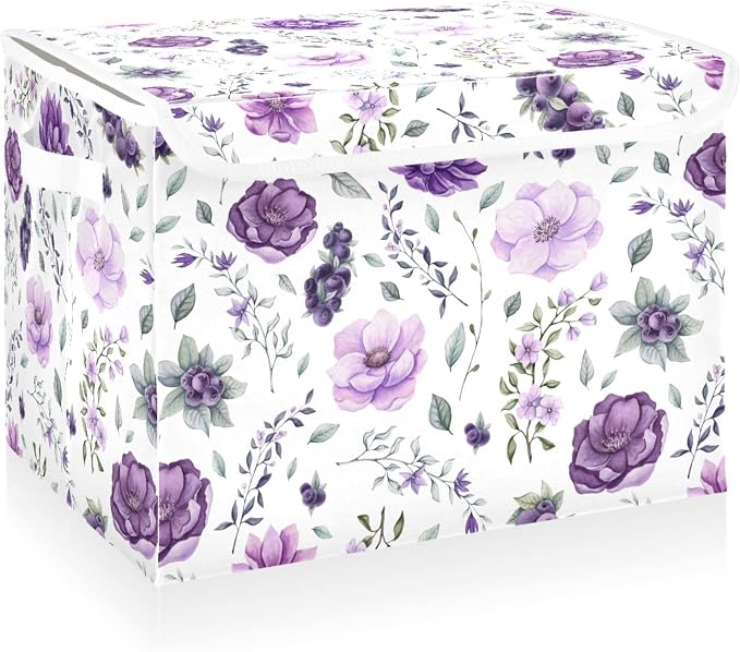 CaTaKu Large Fabric Storage Bins With Lids, Watercolor Purple Floral Storage Boxes With Handles for Organizing Clothes, Collapsible Storage Cube Bins Baskets for Shelves
