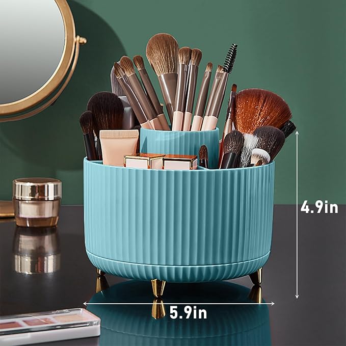 Diesisa 360 Rotating Makeup Brush Organizer With 5 Sections, Spining Countertop Swivel Makeup Brush Holder for Cosmetics, Nail Polish, Art Supply, Bathroom Vanity Desktop Organizer - Blue