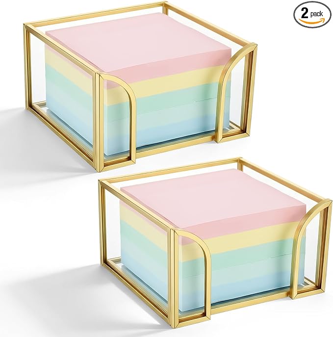 2-Pack Golden Glass Sticky Note Holder for Desk, Stick Note Holder Dispenser Organizer with Non-Slip Pads, 3.54x3.54x1.96 Inch Clear Memo Pad Holders for Office Supplies & Home Decor