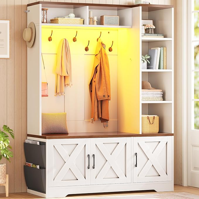 Itaar Hall Tree with Bench and Shoe Storage, Farmhouse Entryway Bench with Coat Rack, Shoe Cabinet with Adjustable Shelves, 6 Storage Cubbies, 10 Coat Hooks, Storage Bag, Led Lights, White