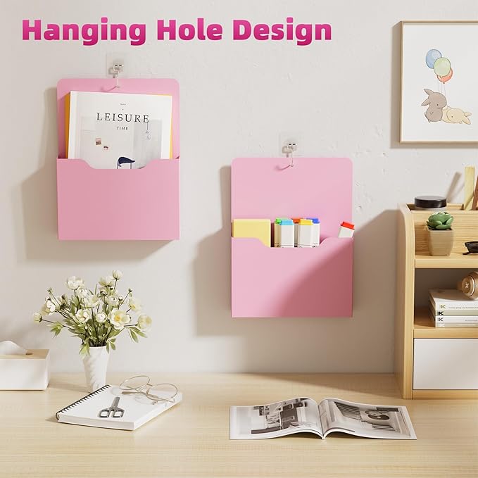 Magnetic File Holder - Magnetic Paper Holder, Pocket Organizer Office Supplies Storage Mail Organizer for Notebooks,Planners,Letter (Pink)