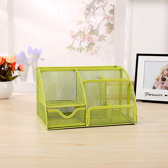 VANRA Office Supply Caddy Mesh Desk Organizer School Supply Holder 6 Compartments with Drawer (Green)