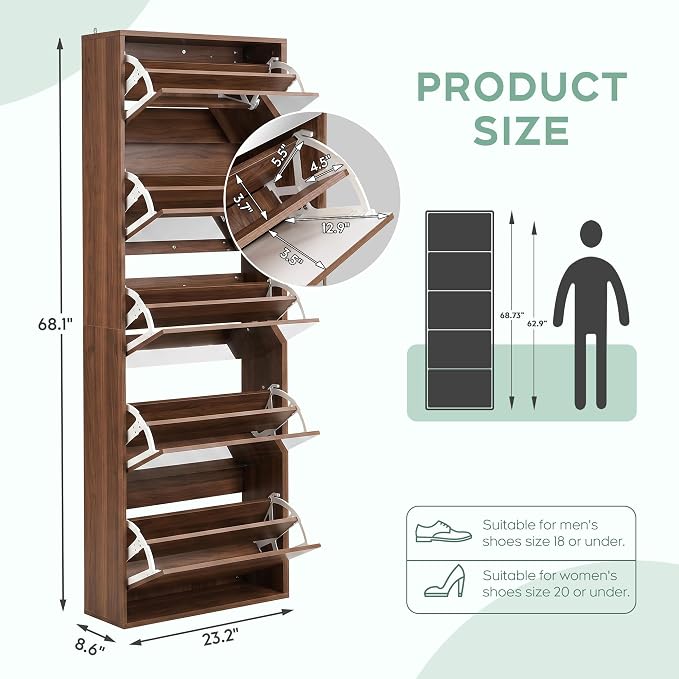 Yechen Mirror Shoe Cabinet with 5 Flip Drawers, Shoe Rack Storage Organizer, Entryway Shoe Cabinet for Front Door, Hallway (1 Piece, Walnut)