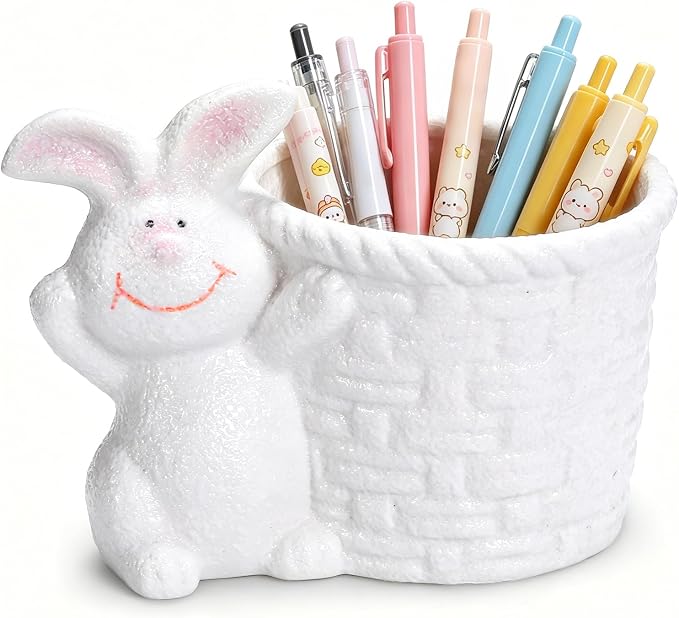 Ceramic Rabbit Shaped Pen Pencil Holder for Desk Decoration Accessories Rabbit Decor Makeup Brush Pen Cups Office School Ideal Gifts for Women, Mom or Birthdays