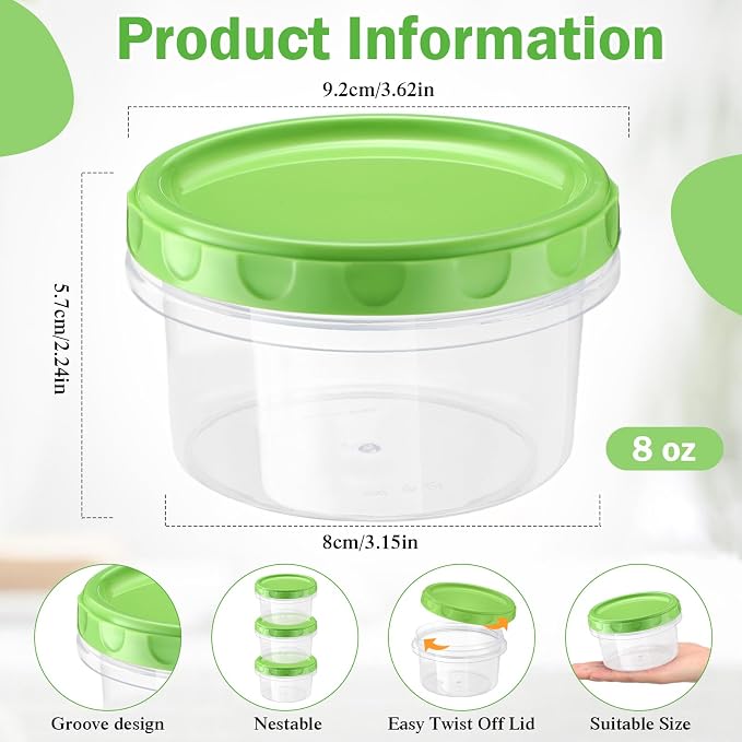 Sieral 6 Pack 8 oz Freezer Containers with Lids Reusable Deli Freezer Storage Containers Stackable Plastic Thick Twist Top Jars for Takeout Food Round Wide Mouth Lunch Snack (Green)