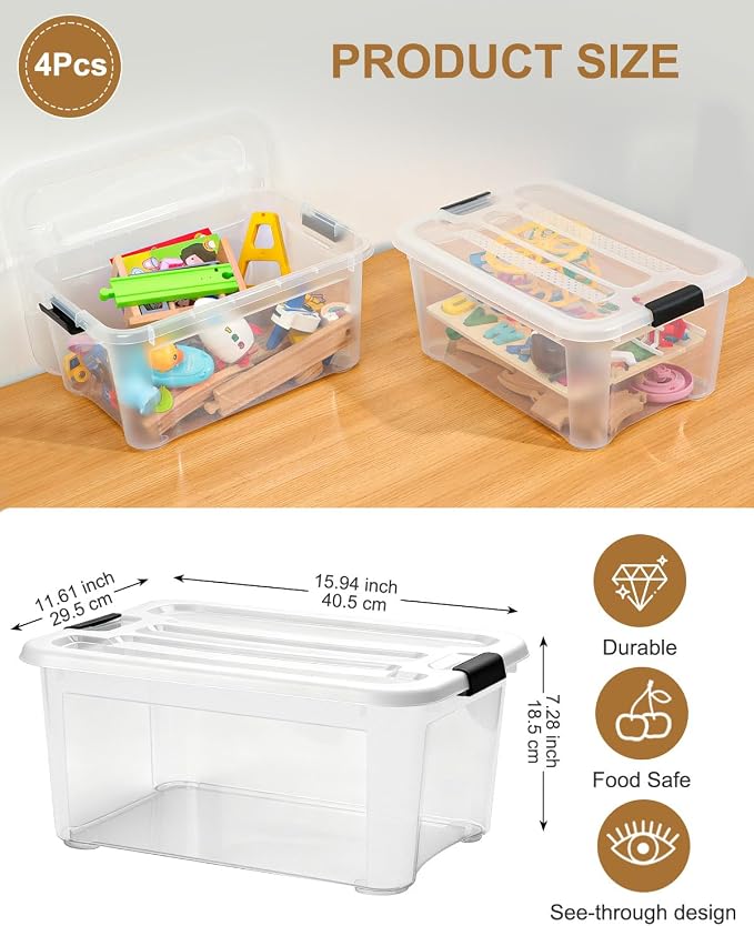 EOENVIVS 15L Clear Storage Bins with Lids, 4 Pack Stackable Plastic Storage Containers with Lids, Latching Storage Boxes and Organizer Bins for Closet, Toys, Crafts and Office