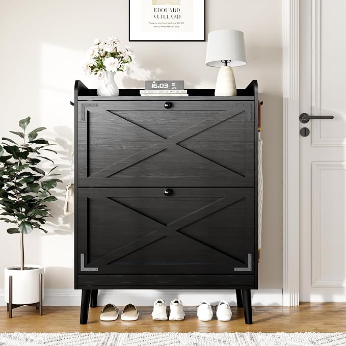 Shoe Storage Cabinet with 2 Flip Drawers & Adjustable Shelves, Freestanding Shoe Cabinet with Side Hooks Narrow Shoe Rack Cabinet for Entryway,Black