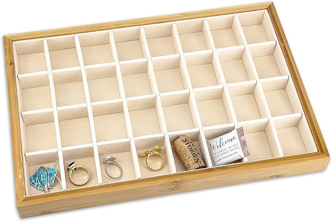 The Display Guys - Stackable Jewelry Tray and Organizer - for Drawers, Dressers, Store Display (32 Compartments, Bamboo Suede)
