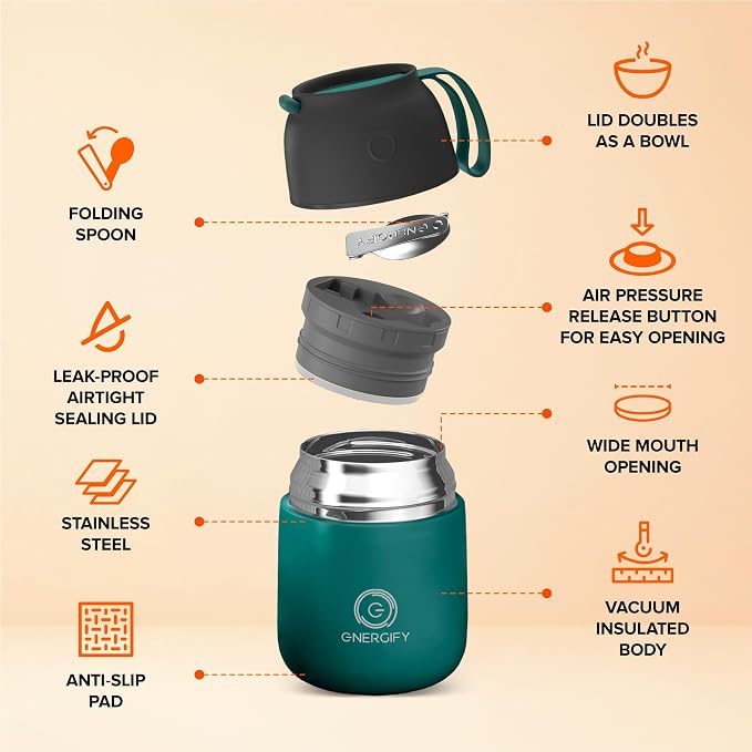 ENERGIFY Vacuum Insulated Food Jar. Large 17oz Bowl incl. Folding Spoon, Cup. Wide Mouth Keep Hot & Cold Drinks Soup Lunch Container for Adults. BPA-Free Stainless Steel, Leak Proof Olive Green