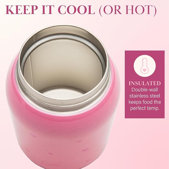 Paris Hilton Stainless Steel Food Jar, Double Wall Vacuum Sealed Insulated Food Storage Container with Carry Handle Lid, 24-Ounce, Pink with Heart Design