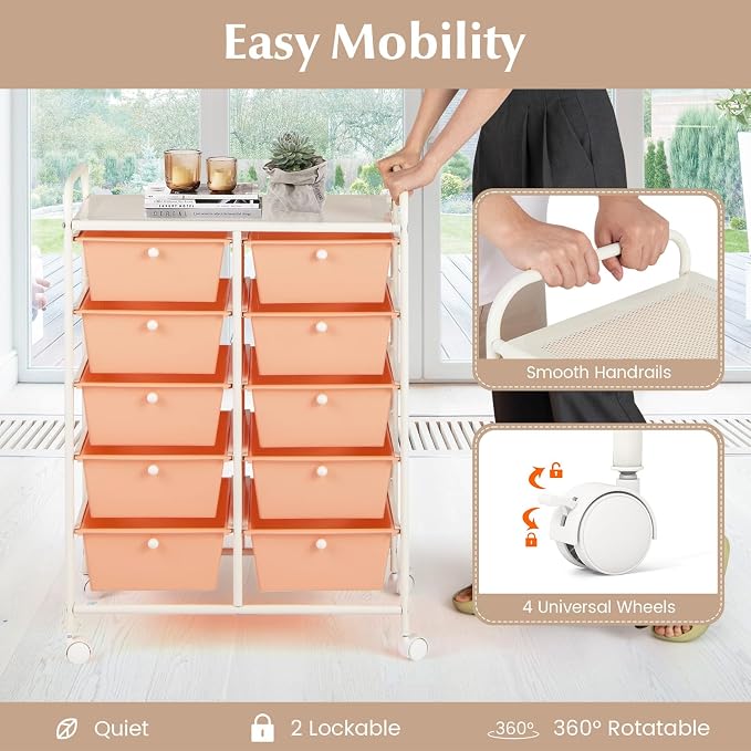 RELAX4LIFE 10-Drawer Rolling Storage Cart - Mobile Craft Art Supply Storage Organizer for Tool Scrapbook Paper Salon, Office School Classroom Teacher Rolling Cart with Drawers, Utility Cart on Wheels