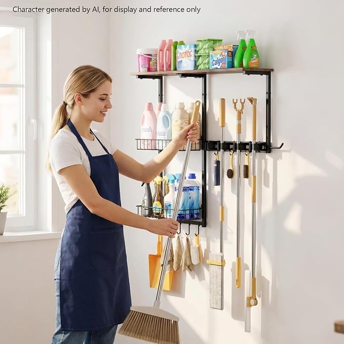 Broom Holder Wall Mount，Mop Rack With Storage Basket,Diversity Laundry Room Cleaning Tool Storage container，Suitable Family Garage Kitchen Organization Wall-Mounted Rack (Black, Medium)