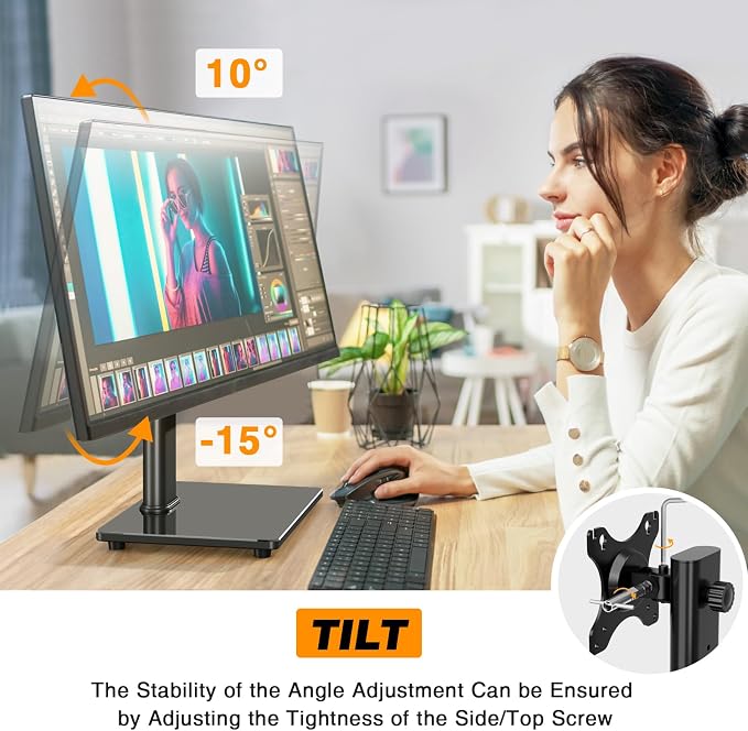TAVR Furniture Single Monitor Stand VESA Mount for 13-32 Inch Screens | Free-Standing Monitor Riser with Swivel Tilt Rotation Height Adjustable, Universal Desk Stand up to 44lbs, Black