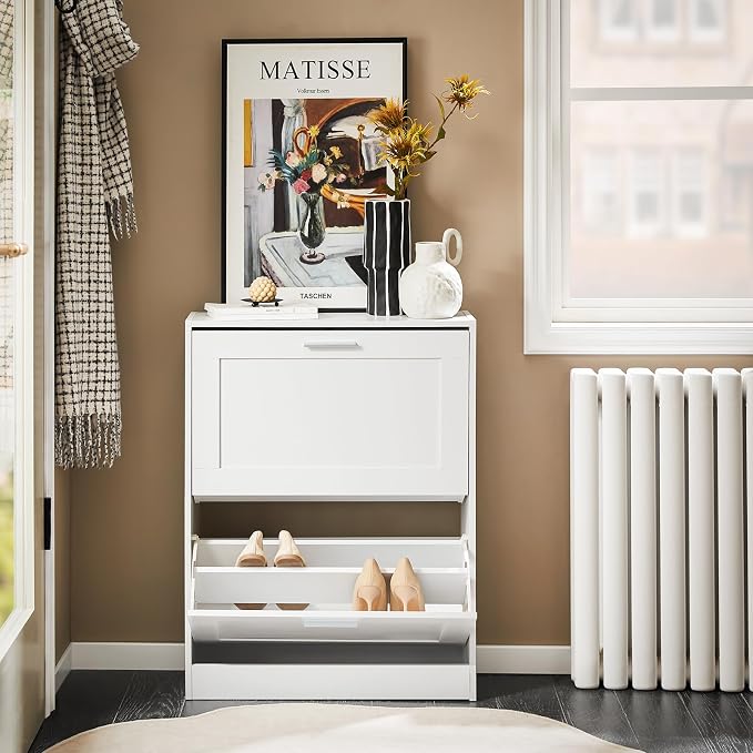Hestiamo Entryway Flip Drawer Shoe Storage Cabinet, Narrow Size, White | 2-Tier Flip Drawer Shoe Cabinet With Dividers, Slim Freestanding Shoe Rack For Small Entryways, HUS-FSR137