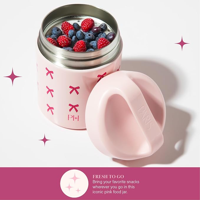 Paris Hilton Stainless Steel Food Jar, Double Wall Vacuum Sealed Insulated Food Storage Container with Carry Handle Lid, 12-Ounce, Pink with Bow Design