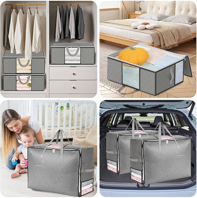 4 Pack 105L Extra Large Comforter Storage Bag, Foldable Bedding Storage Blanket Moving Bags for Clothes Pillows Sweater Dorm, Linen Closet Organizers with 4 Handles & 3 Clear Windows, Grey