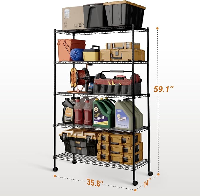 Simple Deluxe Heavy Duty 5-Tier Storage Shelving Unit, 35.83" W x 13.98" D x 61.02" H, 1250 Lbs Loading Capacity, Black