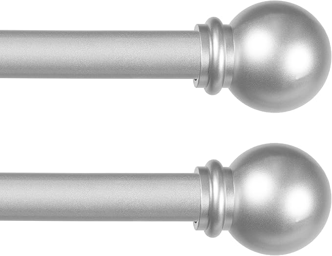 Kenney Chelsea Ball End Window Curtain Rod, Adjustable Curtain Rod for Windows 28 to 48 Inches, Extendable Curtain Rod Set, Brushed Nickel Silver Curtain Rod, Curtain Rods 2 Pack