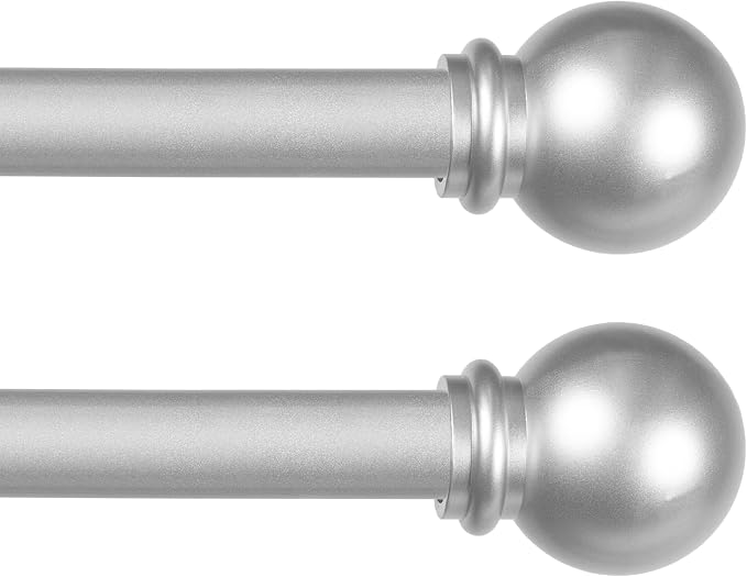 Kenney Chelsea Ball End Window Curtain Rod, 48-86 Inch Adjustable Rod Set, Brushed Nickel Silver Finish, 2 Pack
