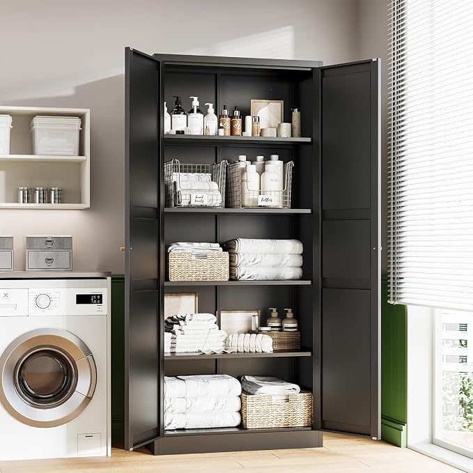 Letaya Black Storage Cabinet with Adjustable Shelves-Metal Home Kitchen Pantry Cabinets with Doors,Organization Locker for Cupboard/Bedroom/Dining/Living/Bathroom/Office/Garage Room