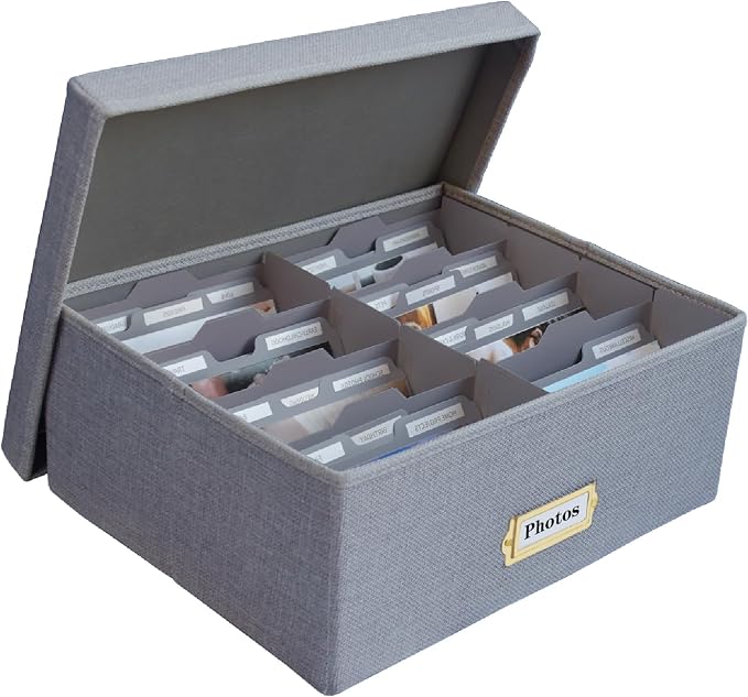 Linen Photo Storage Box – Holds 1700 Photos, Photo Organizer with Lid for Photo, Pictures, 24 Adjustable Dividers & 72 Labels Multi-Use Organizer Memory Box for Envelopes, Baby, Wedding, Cards Grey