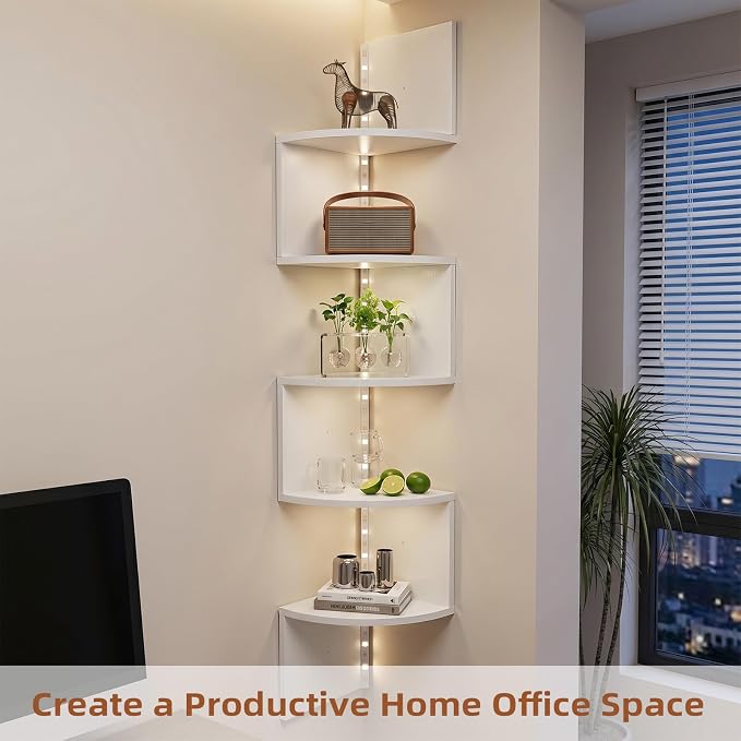 HAAYOT Corner Shelf Wall Mounted: 5-Tier Floating Shelves with Lights for Living Room, Bedroom, Home Office, Cloud White