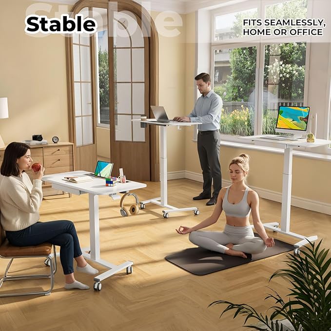 40"×20" Mobile Desk with Drawer, Rolling Desk with Storage | Height Adjustable Portable Laptop Desk on Wheels, Small Computer Desk with Cup Holder and Hooks for Study & Work, White