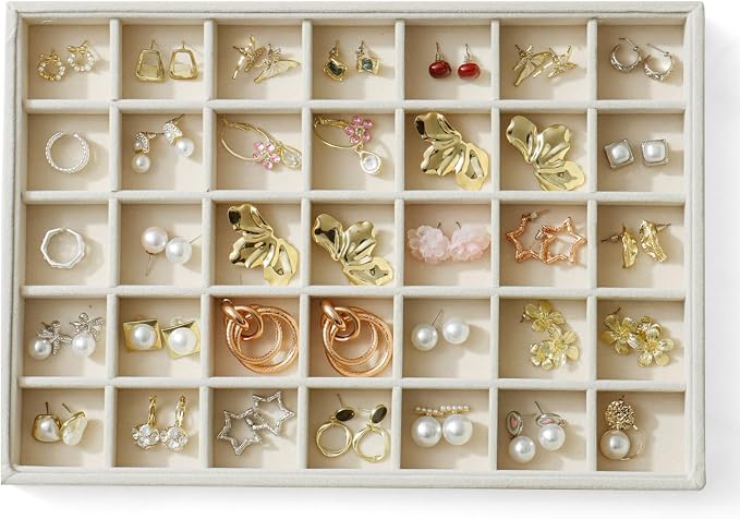 Large Jewelry Organizer for Drawer Insert Velvet Stackable Jewelry Trays for Earring Necklace Bracelet Ring Display (Beige, 35 Grids)