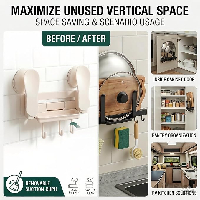 Multifunctional Pot Lid Holder Wall Mounted, Strong Suction Cup Kitchen Organizer with Utensil Hooks & Drain Tray for Cutting Board Pantry Cabinet Door, Non-Slip, Space-Saving, White