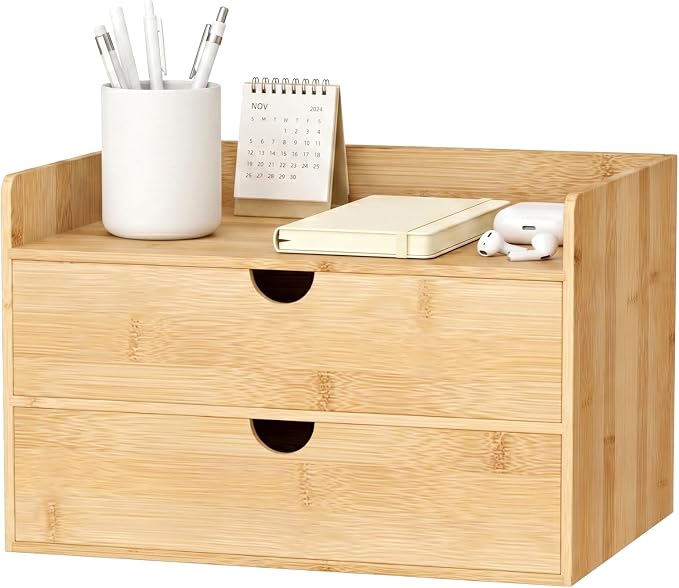 Bamboo Desk Organizer with Drawers, Desktop Storage for Office Supplies | 2 Drawers Desktop organizer, No Assembly Required, Natural Wood Wooden Desktop Drawers Box for Bills, Cosmetics, Seals, Paper