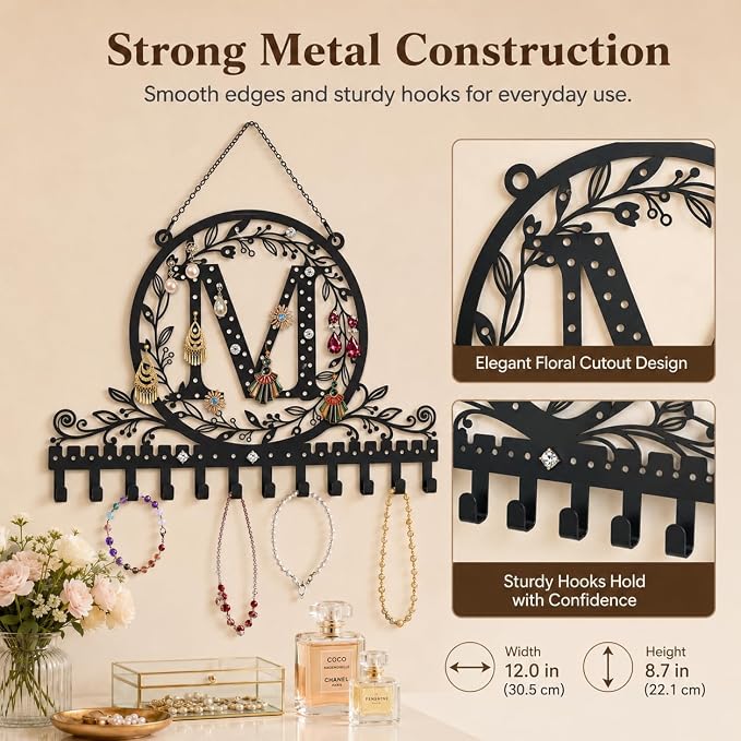 Personalized Wall Mounted Metal Initial Letter M Earring Holder Jewelry Organizer for Earrings and Necklaces Space Saving Wall Display with Hooks Jewelry Storage Bedroom Vanity Gift for Women