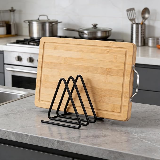 SHINEOFI Cutting Board Holder Cutting Board Organizer Triangle Rack Black Metal Chopping Sheet Holder Counter Stand for Cabinet Countertop Shelf,3. 93 X 3. 93 X 3. 54 Inch