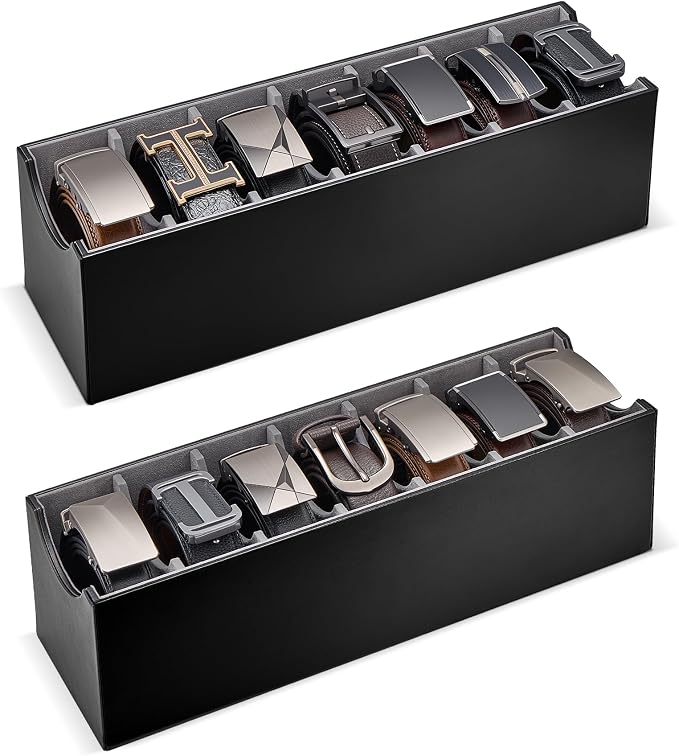 Lolalet Belt Organizer for Closet, Belt Box & Storage Drawer -Black | PU Leather Belt Holder with 7 Extra-Wide Compartments, Soft Lining, Fits Entryway Cabinet, for Men & Women, 2 Packs