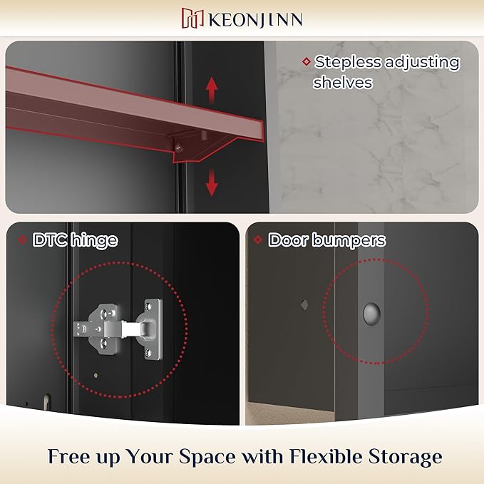 Keonjinn 40” x 30” Black Bathroom Medicine Cabinets with Mirror Recessed or Surface Wall-Mounted Aluminum Alloy Framed Beveled Mirror with Soft Close Hinge, 2 Doors Modern Bathroom Mirror with Storage