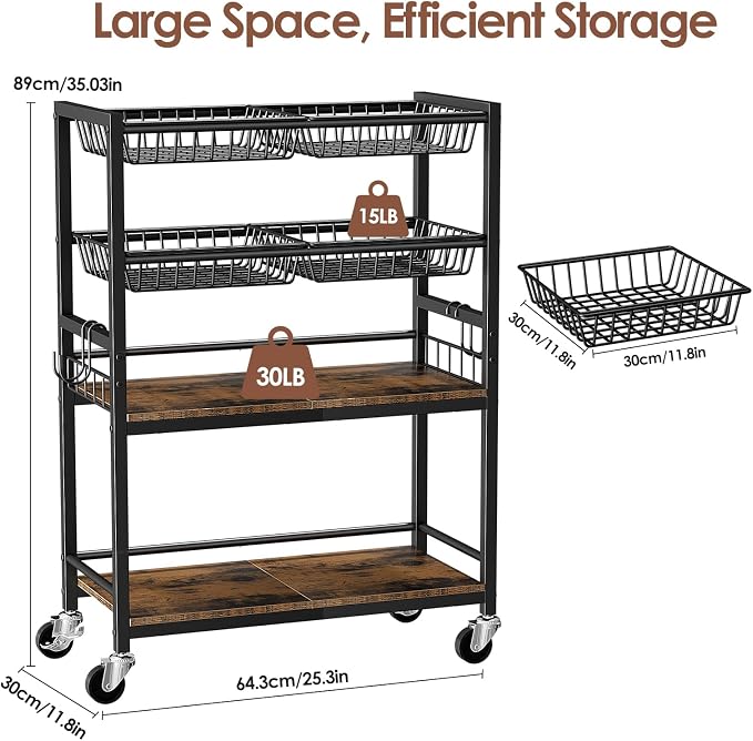 Fruit Vegetable Storage Cart, 4 Detachable Basket | 4-Tier Kitchen Rolling Storage Cart, Fruit & Vegetables Stand, Snack Organizer for Kitchen, Bathroom, Living Room