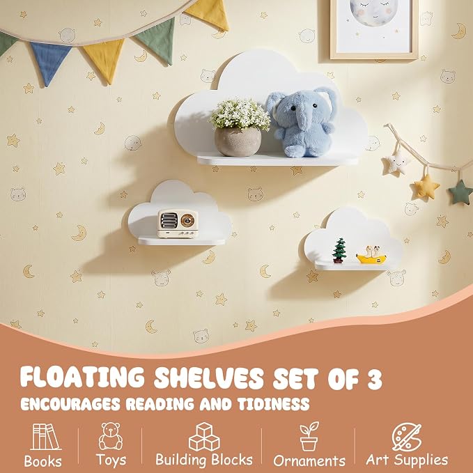 Floating Cloud Shelves,Set of 3 Wall Mounted White Wavy Shelves | White Wall Shelf Floating Wooden Wall Mounted Shelves Clouds Dispaly Shelf for Kid’s Room,Toys, Plants & Storage