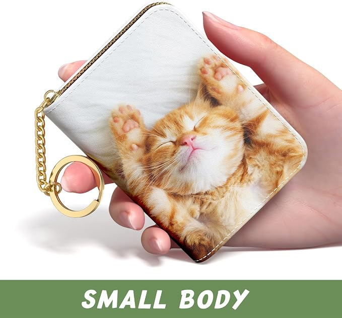 Aiawoxc Credit Card Holder for Women, Small RFID Wallet Slim Leather Card Organizer Case with Zipper and Keychain, Cute Cat