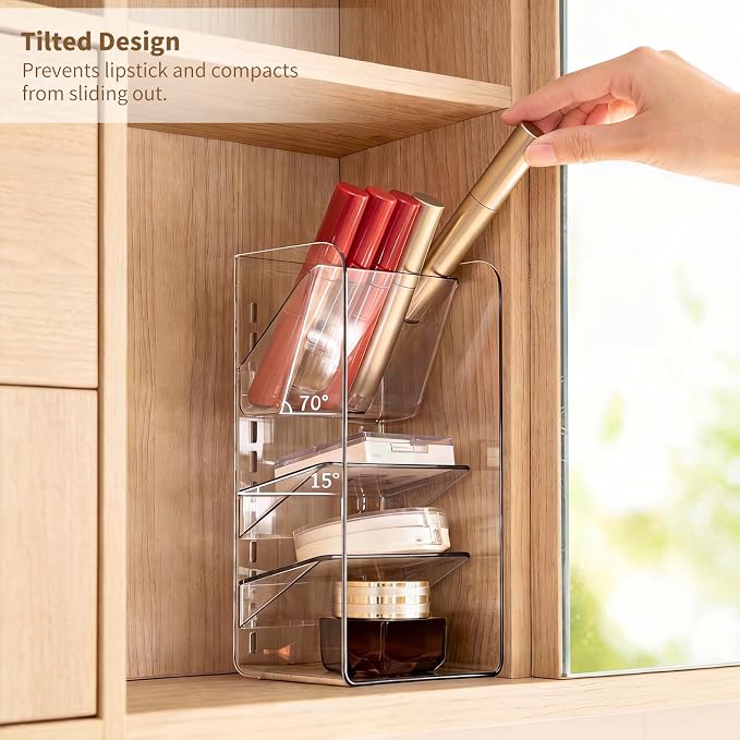 PAVSTINE 2-Pack Medicine Cabinet Organizer with Adjustable Dividers, Clear Vertical Layered Backward Slanting Shelves, Space-Saving, for Makeup Brush/Lip Gloss/Mascara Storage