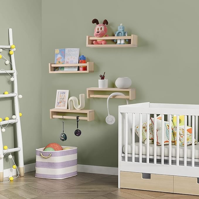 Nursery Room Shelves Set of 4, Wood Floating Book Shelves for Kids Room, Baby Book Shelf for Nursery, Kitchen Spice Rack (Natural Wood)